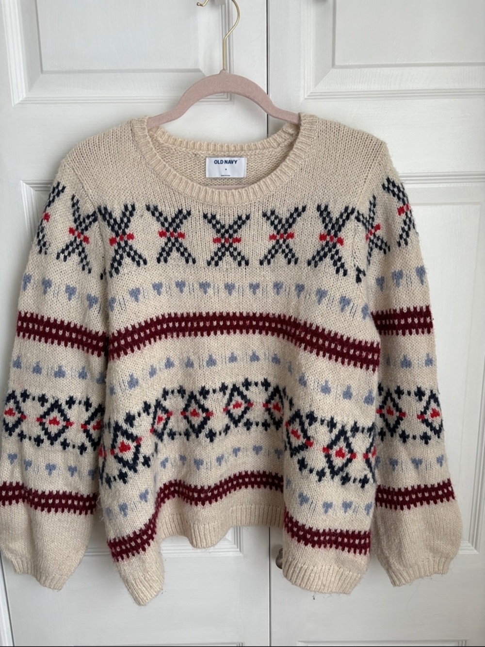 Old Navy Cream Fair Isle Crewneck Sweater with Burgundy and Navy Motifs